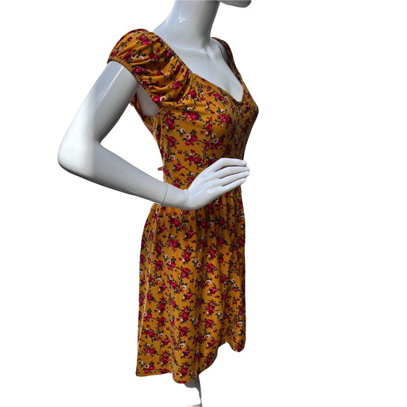 Floral Print Stretch A-Line Dress Puff Sleeve Yellow Size XXL - Picture 3 of 7